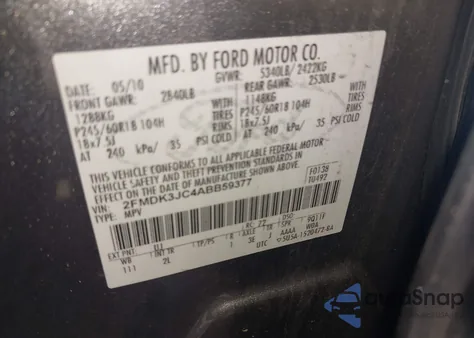 2010 Ford Edge Sel из США, поврежденный, VIN 2FMDK3JC4ABB59377